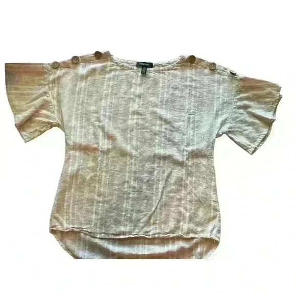 Ellen Tracy Women’s Linen Shirt Size Small Ruffled Sleeves Striped Beige & White - Picture 1 of 13